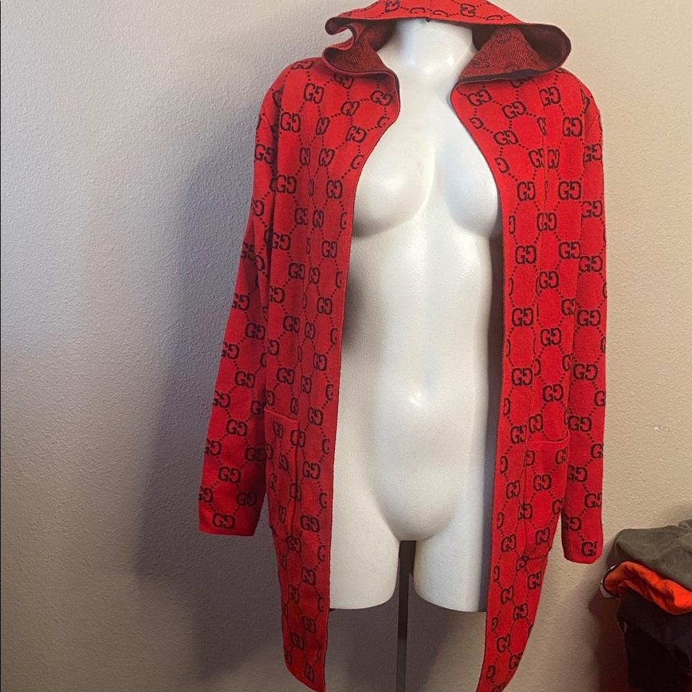 Double GG print red black hooded long cardigan sweater - Picture 2 of 9